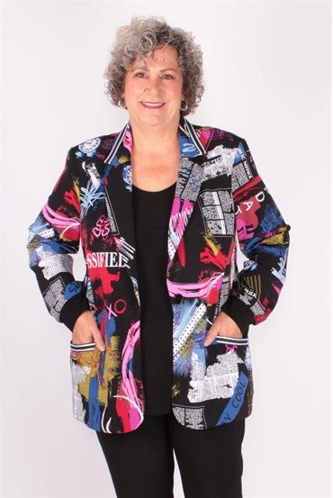 Veston à coupe droite en tricot soyeux à imprimé de mots